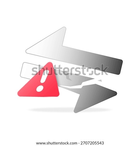 illustration of broken transfer with exclamation mark. failed sending or receiving, unsuccessful data transfer. for mobile apps, user interface alerts, system notifications, error messages