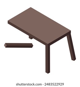 Ilustración de una mesa de madera rota en vista isométrica con pierna dañada, arte digital, Ilustración vectorial, concepto de reparación y diseño interior minimalista aislado sobre fondo blanco