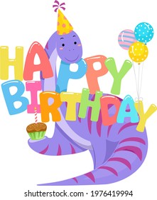 Illustration of a Brontosaurus Dinosaur with Birthday Hat, Cupcake and Balloons with Happy Birthday Lettering