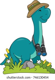 Illustration of a Brontosaurus Dinosaur Wearing a Hat and a Binoculars Exploring the Jungle