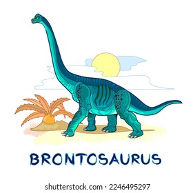 Illustration of brontosaurus. Prehistoric extinct dinosaur. Jurassic world animals. Isolated drawing on white background. Print for fabric, kids clothes, embroidery, wallpaper. Flat cartoon vector.