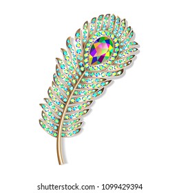 Illustration of brooch jewelery peacock feather with gems