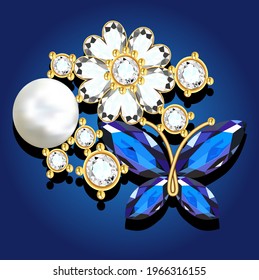 Illustration of a brooch in the shape of a flower and a butterfly gold with precious stones 