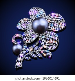Illustration brooch in the shape of a silver flower with precious stones 