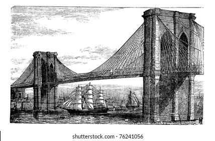 Illustration of Brooklyn Bridge and East River, New York, United States. Vintage engraving from 1890s. Old engraved illustration of the Brooklyn suspension Bridge completed in 1883, with ships