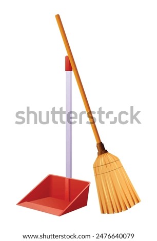 Illustration of a broom and dustpan set for cleaning. Vector isolated on white background