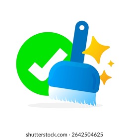 illustration of a broom, sparkling shine, and check mark. completed cleaning process. for concepts cleanliness, house cleaning service, tidy space, hygiene, clean success, or finished tasks