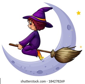 Illustration of a broomstick with a witch near the moon on a white background