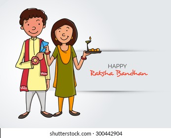 Illustration of a brother giving an envelope to his sister after tying rakhi for Indian festival, Raksha Bandhan celebration.