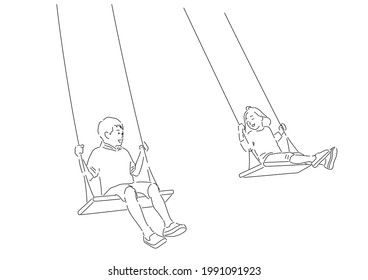 Illustration of brother and sister riding on a swing (white background, vector, cut out)