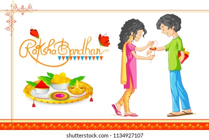 illustration of brother and sister tying rakhi on Raksha Bandhan, Indian festival