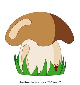 Illustration of a broun Mushroom with green grass and ladybug