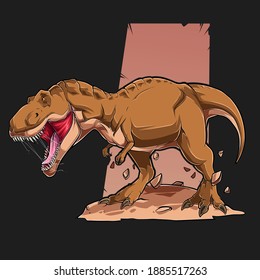 Illustration of brown angry Tyrannosaurus T Rex, Dinosaur Monster, Brown roaring tyrannosaurus. Prehistoric carnivorous dinosaur. 