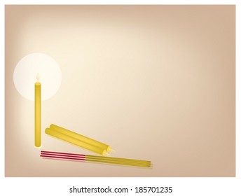 An Illustration Brown Background of Candle and Candlelight with Incense Sticks for Buddhist Prayers. 