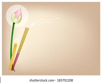 An Illustration Brown Background of A Pink Lotus Flower or Water Lily with Candle and Incense Sticks for Buddhist Prayers. 