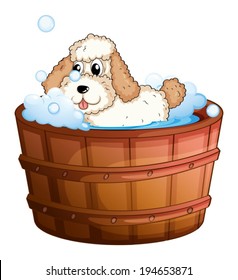 Illustration of a brown bathtub with a dog taking a bath on a white background