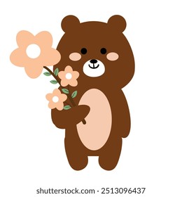 Ilustração com um urso pardo carregando flores manuscritas bonitas. papel de parede animal bonito, fundos, cartões, adesivos