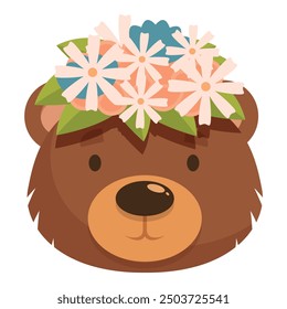 Illustration of a brown bear face wearing a crown of colorful flowers, smiling happily