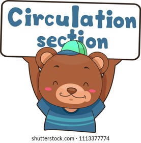 Illustration Of A Brown Bear Holding A Circulation Section Banner For The Library