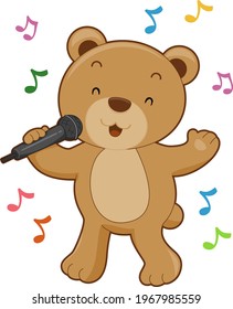 Illustration of a Brown Bear Mascot Holding a Microphone and Singing a Song