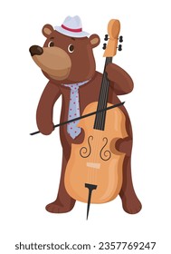 Illustration of a brown bear playing a violoncello. Children's art of a cute animal for illustrating clothes, toys and other goods for kids.
