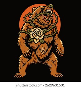 Illustration of a brown bear standing with a rose on its chest and thorns wrapping around it Use for creative projects and designs.