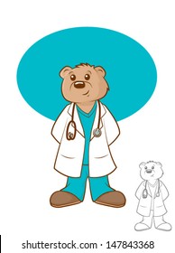 Illustration Of A Brown Bear Wearing A Lab Coat And Scrubs/Doctor Bear Cartoon