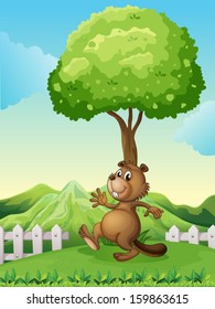 Illustration of a brown beaver under the tree