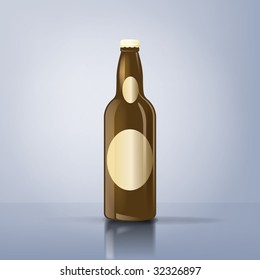 An illustration of a brown beer bottle with label and reflexions