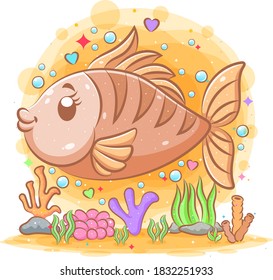 The illustration of the brown big salmon under the sea of illustration