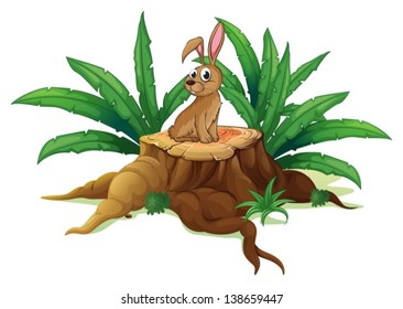 Illustration of a brown bunny sitting above the wood on a white background