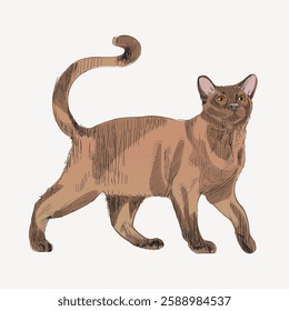 Illustration of a brown cat with a curled tail and alert expression. The cat stands confidently, showcasing its sleek fur and curious nature. Vintage animal illustration vector.