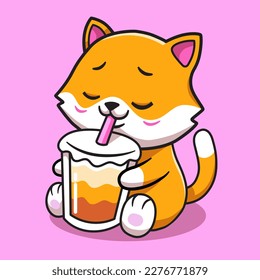 illustration of a brown cat drinking a bubble soft drink