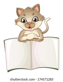 Illustration of a brown cat opening an empty notebook on a white background