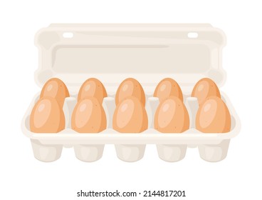 Illustration of brown chicken eggs in carton pack. Image for food and agricultural industries.