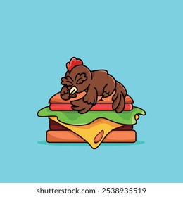 illustration of a brown chicken sleeping on a hamburger