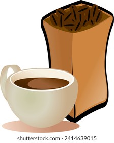 Illustration of a brown coffee bean in a paper bag with a hot coffee beside