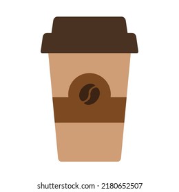 Illustration of a brown coffee glass with a lid and a coffee bean logo. Vector illustration.