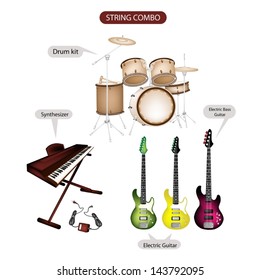 Illustration Brown Color Collection of Musical Instruments String Combo, Electric Guitar, Electric Bass Guitar, Synthesizer and Drum Kit in Retro Style  
