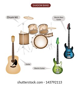 Illustration Brown Color Collection of Musical Instruments Shadow Band, Guitar, Electric Guitar, Electric Bass Guitar and Drum Kit in Retro Style  