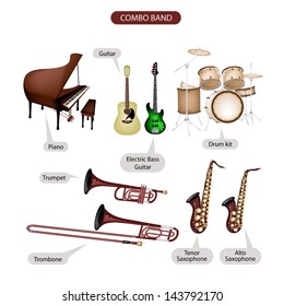 Illustration Brown Color Collection of Musical Instruments Combo Brand, Piano, Guitar, Electric Bass Guitar, Drum Kit, Trumpet, Trombone, Tenor Saxophone and Alto Saxophone in Retro Style  