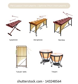 Illustration Brown Color Collection of Vintage Percussion Instruments, Vibraphone, Marimba, Xylophone, Tubular Bells and Timpani Isolated on White Background 