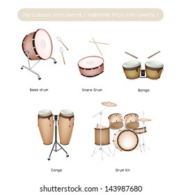 Illustration Brown Color Collection of Vintage Musical Percussion Instruments, Bongo, Conga, Bass Drum, Snare Drum and Drum Kit Isolated on White Background 