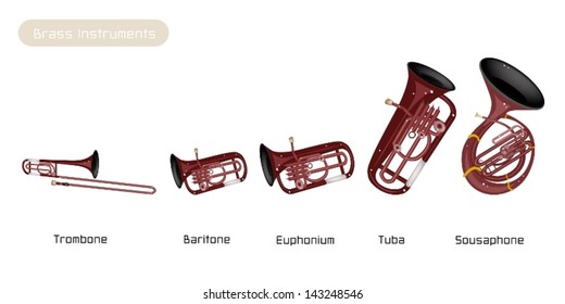 Illustration Brown Color of Musical Vintage Brass Instrument, Trombone, Baritone, Euphonium, Tuba and Sousaohone Isolated on White Background 