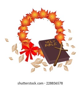 Illustration of Brown Covered Bible with Christmas Wreath of Autumn Maple Leaves in Orange Color, Sign for Christmas Celebration. 