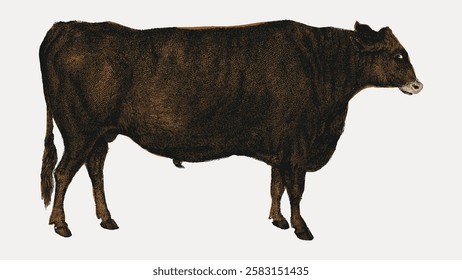 Illustration of a brown cow standing. The cow is depicted in profile. The cow's texture and shading are detailed. The cow appears calm and still. Vintage farm animal illustration isolated vector.