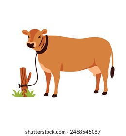 Illustration of a brown cow tied to a wooden post on a patch of grass against a white background.