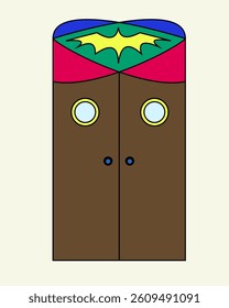 illustration of brown double door with small yellow circle mirror on both sides