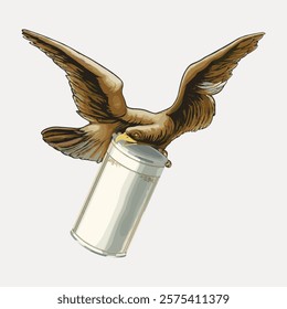 Illustration of a brown eagle holding a cylindrical object. The eagle, with wings spread, clutches the object. The eagle's detailed feathers are prominent. Vintage illustration isolated, vector.