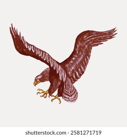 Illustration of a brown eagle with wings spread wide, talons extended. The eagle, with its majestic wings, appears ready to land. Detailed eagle artwork. Vintage bird illustration vector.